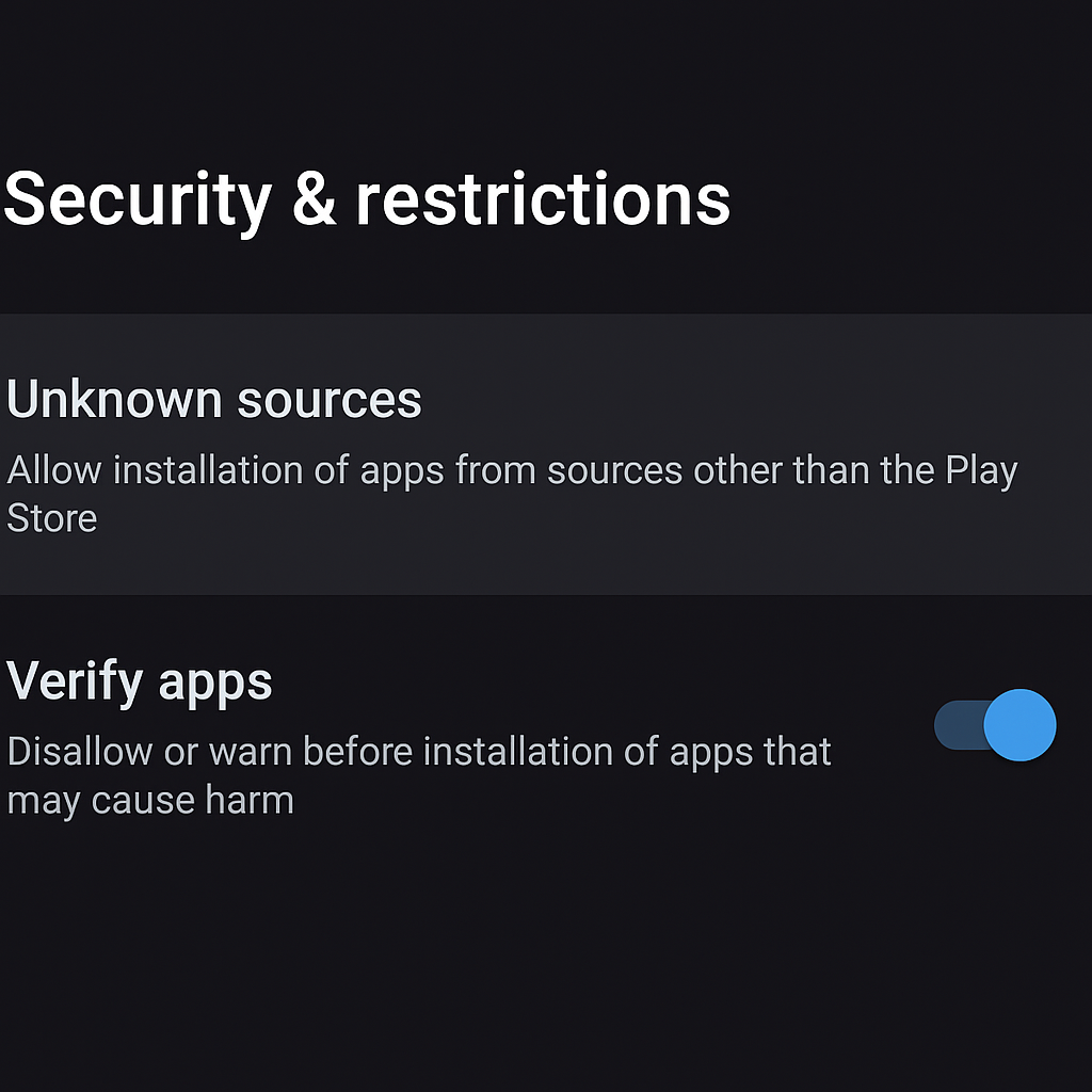 A screenshot of Android device settings under 'Security & restrictions.' Options shown are 'Unknown sources,' which allows installation of apps from outside the Play Store, and 'Verify apps,' with a blue toggle switched on to disallow or warn before installing harmful apps,
